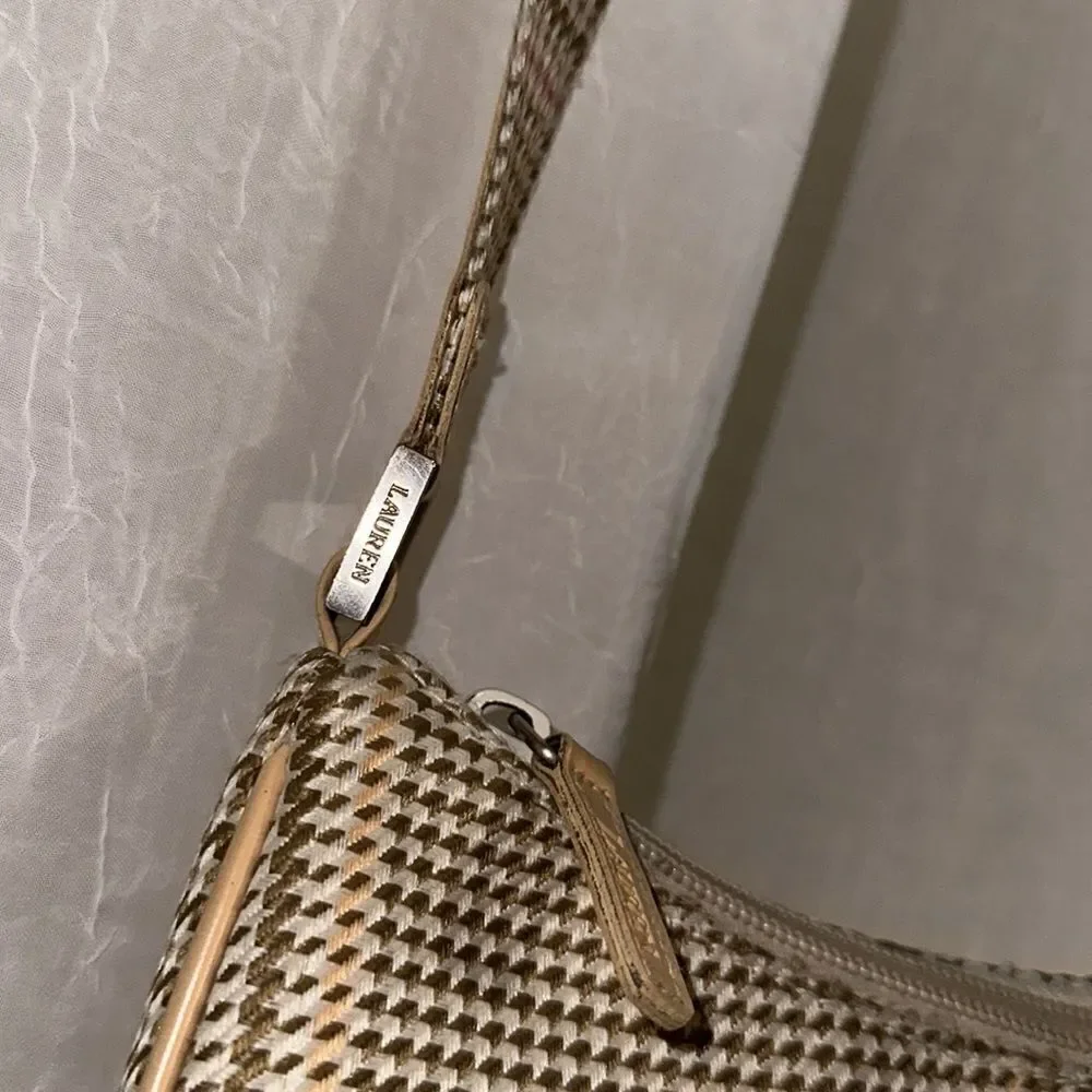 LRL Ivory Tan White Pink Gold Houndstooth Leather Silver Tone Hardware Hobo Bag